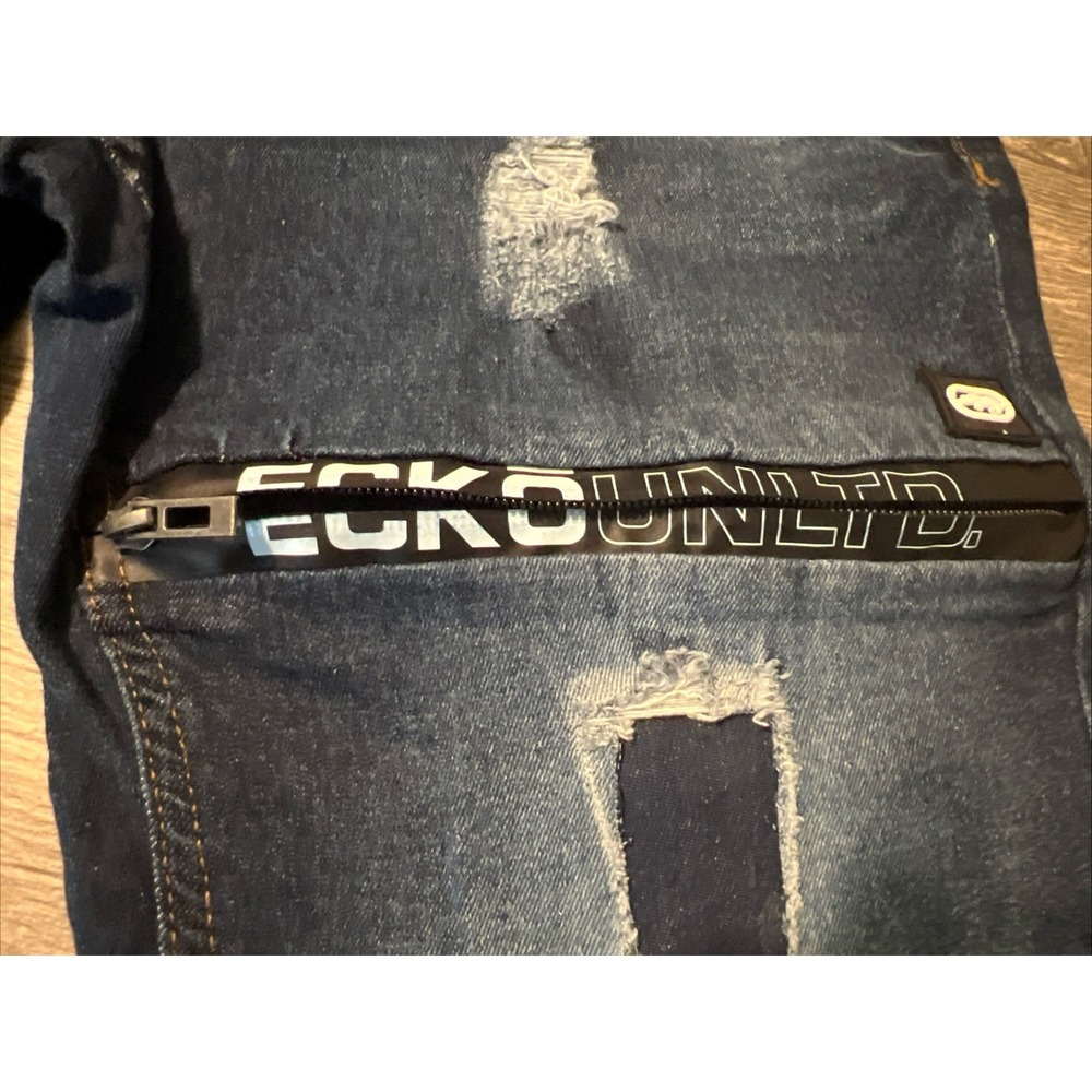Ecko‎ Unltd Dark Wash Low Rise Men's Distressed Skinny Blue Jeans, Size 32x32 - Picture 8 of 12